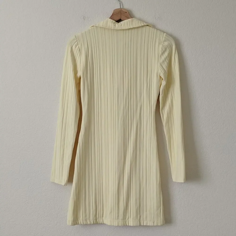 Solid & Striped Long Sleeve Ribbed Polo Zip Up Dress Mini In Blonde Rib NEW $198